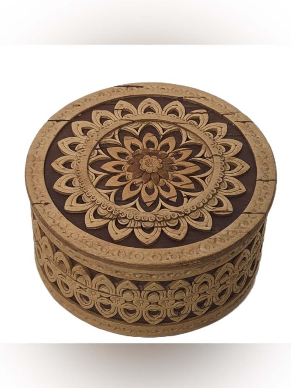 Russian Hand Made Birch Carved Wooden Round Trinket Box in Brown and Tan